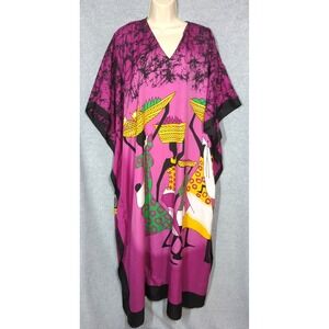 Gypsy Blue Maxi Kaftan Mumu Dress OS Figural Vibrant Colors  Casual Statement